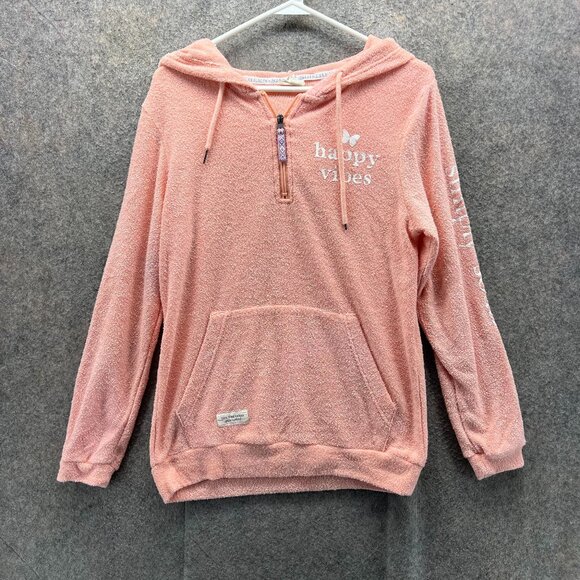 Simply Southern Hoodie Womens Small Pink Pullover Terrycloth Happy Vibes Hooded - Picture 1 of 10